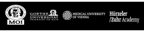 Logos of MOI, Goethe University, Medical University of Vienna, and Hürzeler/Zuhr Academy on a black background.